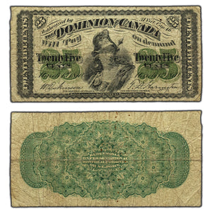 SOLD 25 Cents 1870 Dominion of Canada Shinplaster Note Plain DC-1c - Pinholes