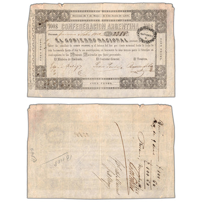 SOLD Argentina Confederacion 1857 (1858) 100 Pesos Note - Circulated