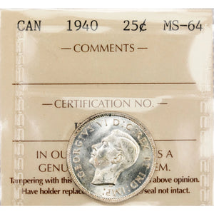 SOLD Canada 1940 25 Cents Quarter Silver Coin - ICCS MS-64