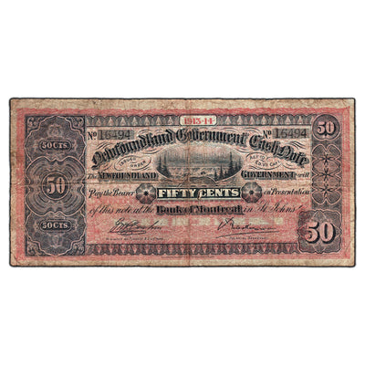 SOLD 50 Cents 1913-14 Newfoundland Government Cash Canada Note NF-8d - Hole