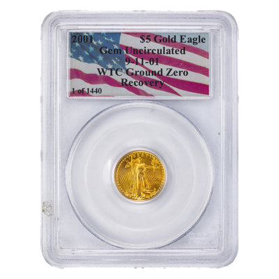 SOLD United States 2001 1/10oz $5 Gold Eagle Coin - PCGS Gem UNC - WTC Ground Zero