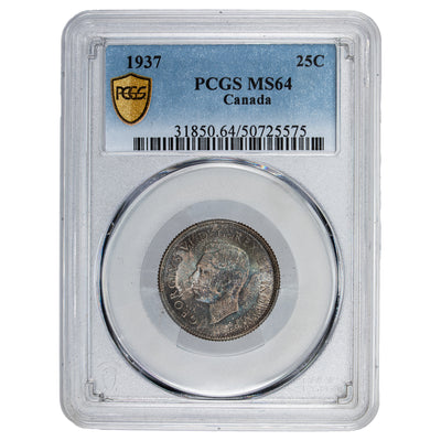 Canada 1937 25 Cents Quarter Silver Coin - PCGS MS-64 Gorgeous Toning