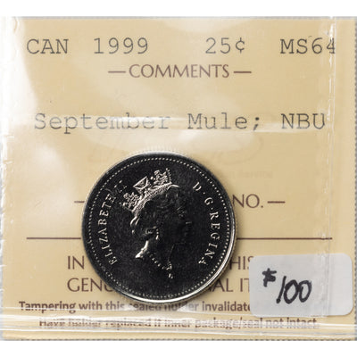 SOLD Canada 1999 September Mule 25 Cents Quarter Coin - ICCS MS-64