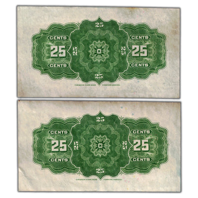 SOLD 25 Cents 1923 Dominion of Canada Shinplaster Notes DC-24a - 2 Consec EF+ (stained)