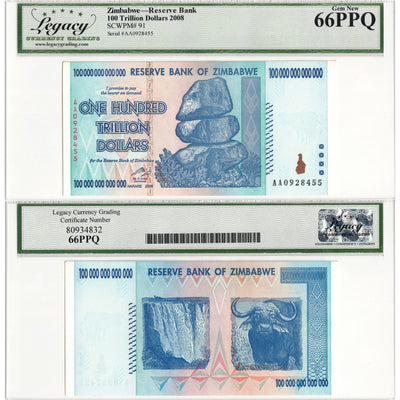 Zimbabwe 2008 100 Trillion Dollars Note P #91 - Legacy Gem UNC-66 PPQ