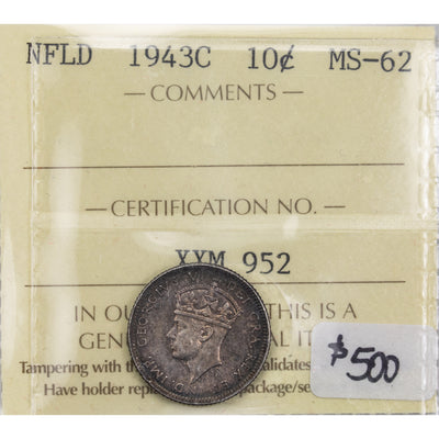 Newfoundland 1943c 10 Cents Silver Coin - ICCS MS-62