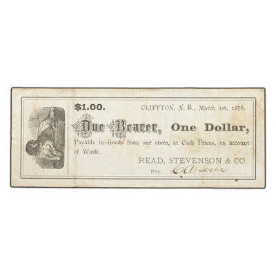 SOLD $1 1876 Read, Stevenson & Co Cliffton New Brunswick Merchant Script
