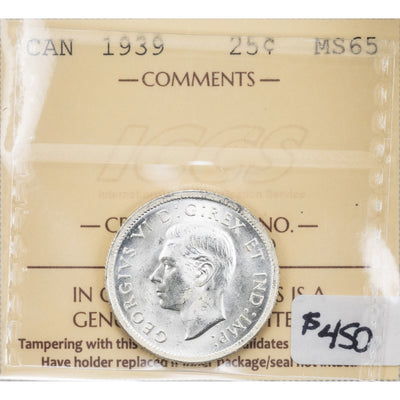 SOLD Canada 1939 25 Cents Quarter Silver Coin - ICCS MS-65