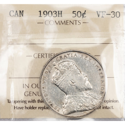 SOLD Canada 1903-H 50 Cents Half Dollar Silver Coin - ICCS VF-30