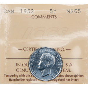Canada 1952 5 Cents Nickel Coin - ICCS MS-65