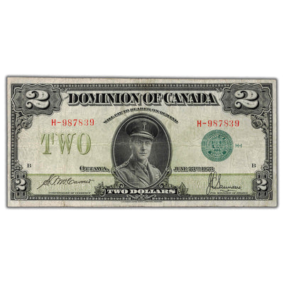 SOLD $2 1923 Dominion of Canada Note Green Seal Series H DC-26d - F/VF (cleaned)