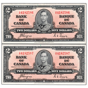 SOLD $2 1937 Bank of Canada Notes A/R Prefix BC-22c - 2 Consecutive AU+