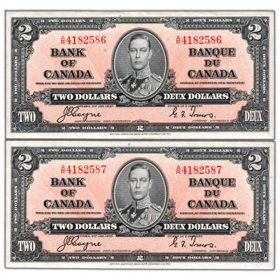 SOLD $2 1937 Bank of Canada Notes A/R Prefix BC-22c - 2 Consecutive AU+