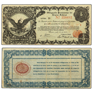 SOLD Mexico Obligarion Provisional Del Erario Federal 1914 $5 Five Pesos Note