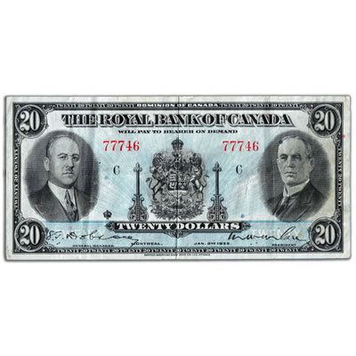 SOLD $20 1935 Royal Bank of Canada Chartered Note #630-18-06a - VF (staple hole)