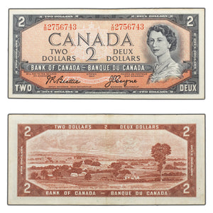 SOLD $2 1954 Bank of Canada Note Beattie-Coyne X/B Prefix BC-38a - EF/AU (staining)