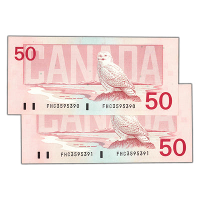 SOLD $50 1988 Bank of Canada Notes FHC Prefix BC-59a - 2 Consecutive - Choice UNC