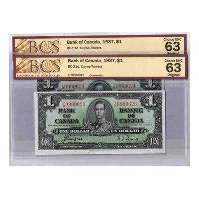 SOLD $1 1937 Bank of Canada Notes Y/M Prefix BC-21d - 2 Consecutive BCS UNC-63