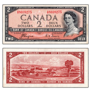 SOLD $2 1954 Bank of Canada Note Devil Face A/B Prefix BC-30a - EF (stain)