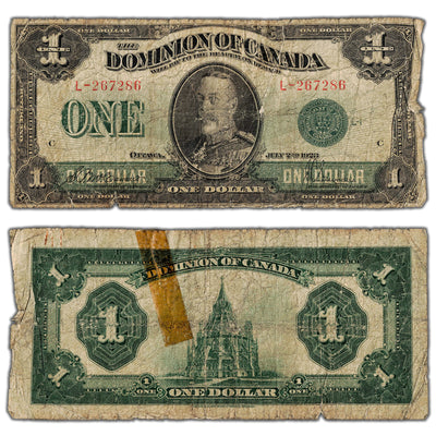 $1 1923 Dominion of Canada Note Green Seal Series L DC-25d - Tear/Tape