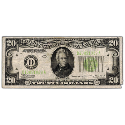 United States 1934 $20 Cleveland Federal Reserve Note - Damaged
