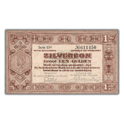 SOLD Netherlands 1938 1 One Gulden Zilverbon Note P #61
