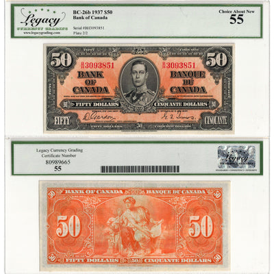 $50 1937 Bank of Canada Note Gordon-Towers B/H Prefix BC-26b - Legacy AU-55