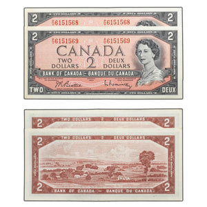 SOLD $2 1954 Bank of Canada Notes P/U Prefix BC-38b - 2 Consecutive - AU