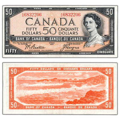 SOLD $50 1954 Bank of Canada Note Beattie-Coyne A/H Prefix BC-42a - EF (pinholes)