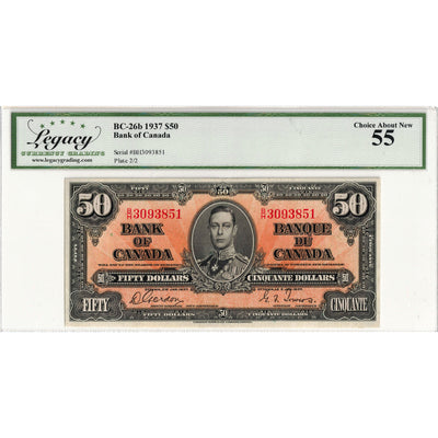 $50 1937 Bank of Canada Note Gordon-Towers B/H Prefix BC-26b - Legacy AU-55