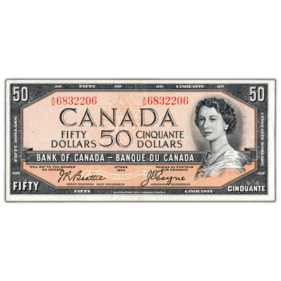 SOLD $50 1954 Bank of Canada Note Beattie-Coyne A/H Prefix BC-42a - EF (pinholes)