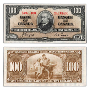 SOLD $100 1937 Bank of Canada Note Coyne-Towers B/J Prefix BC-27c - AU+