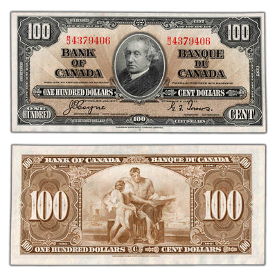 SOLD $100 1937 Bank of Canada Note Coyne-Towers B/J Prefix BC-27c - AU+
