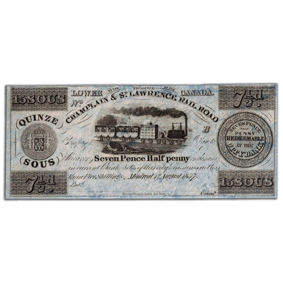 SOLD 15 Sous / 7 1/2 Pence 1837 Champlain & St. Lawrence Rail Road Remainder Note - UNC