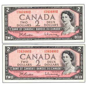 SOLD $2 1954 Bank of Canada Notes U/U Prefix BC-38b - 2 Consecutive AU
