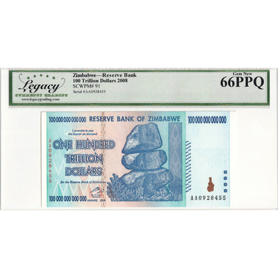 Zimbabwe 2008 100 Trillion Dollars Note P #91 - Legacy Gem UNC-66 PPQ