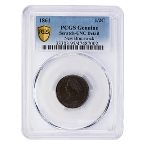 SOLD New Brunswick 1861 1/2 Half Cent Coin - PCGS UNC Detail (scratch)