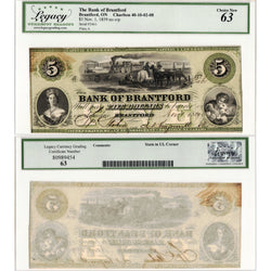 SOLD $5 1859 Bank of Brantford Chartered Note #40-10-02-08 - Legacy UNC-63