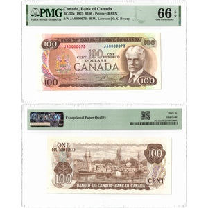 SOLD $100 1975 Bank of Canada Note Low Serial #73 BC-52a - PMG Gem UNC-66 EPQ