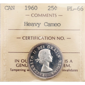 SOLD Canada 1960 25 Cents Quarter Silver Coin - ICCS PL-66 Heavy Cameo