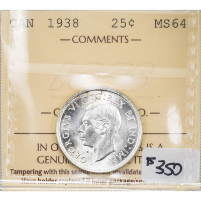 Canada 1938 25 Cents Quarter Silver Coin - ICCS MS-64