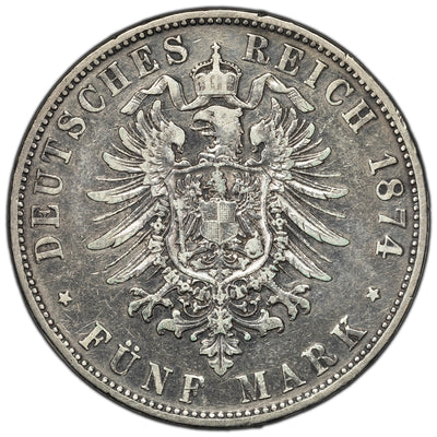 SOLD Germany Bavaria 1874-D 5 Mark Silver Coin KM #896 - Cleaned