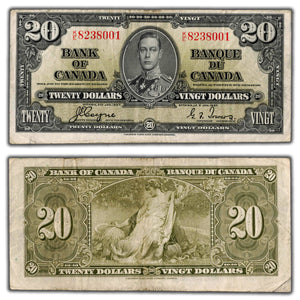 SOLD $20 1937 Bank of Canada Note Coyne-Towers K/E Prefix BC-25c - Light Writing