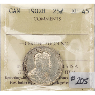 SOLD Canada 1902-H 25 Cents Quarter Silver Coin - EF-45
