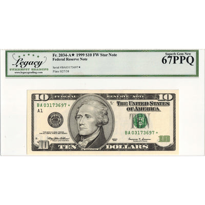 United States 1999 $10 Federal Reserve Star Note Fr. 2034-A* - Legacy UNC-67 PPQ
