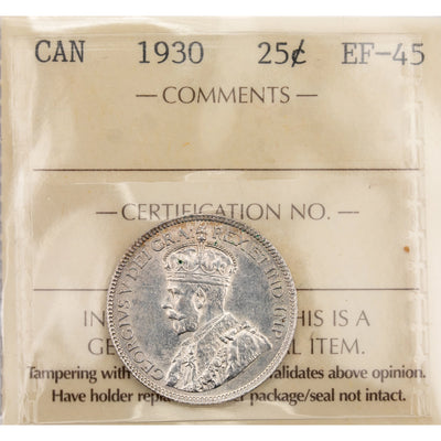 Canada 1930 25 Cents Quarter Silver Coin - ICCS EF-45
