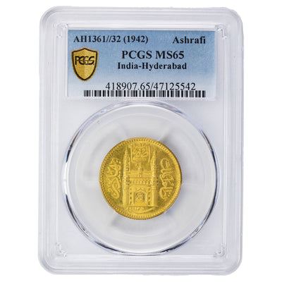 SOLD India Hyderabad AH1361/32 (1942) Ashrafi Gold Coin Y #57 - PCGS MS-65