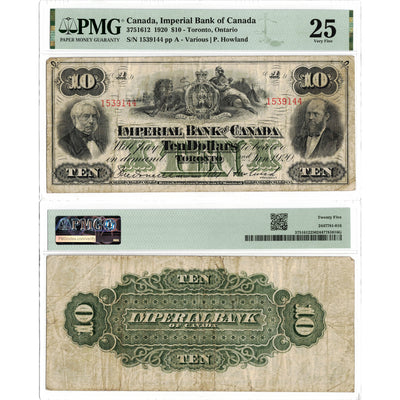 $10 1920 Imperial Bank of Canada Chartered Note #375-16-12 - PMG VF-25