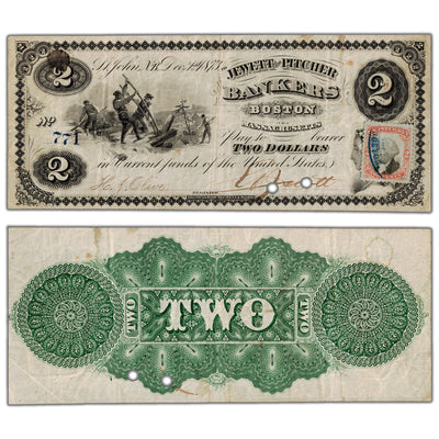 Jewett & Pitcher Bankers 1873 $2 Scrip Note NB #15-10-04 - VF/EF with Stamp