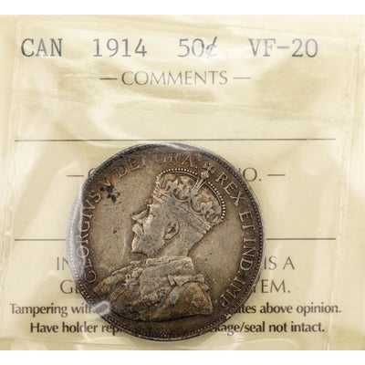Canada 1914 50 Cents Half Dollar Silver Coin - ICCS VF-20